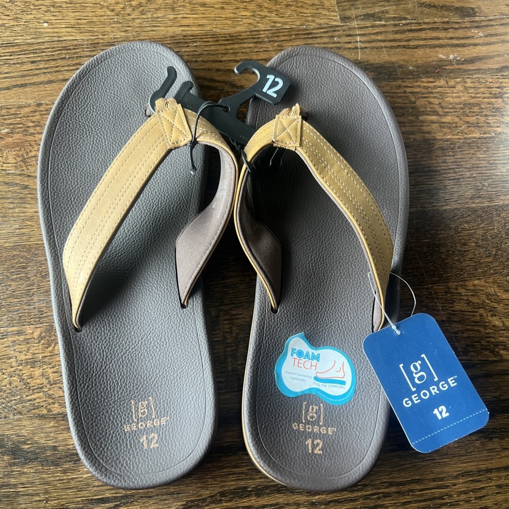 George Men's Comfort Thong Sandals Brown Black Stitching Casual Slip On Size 12